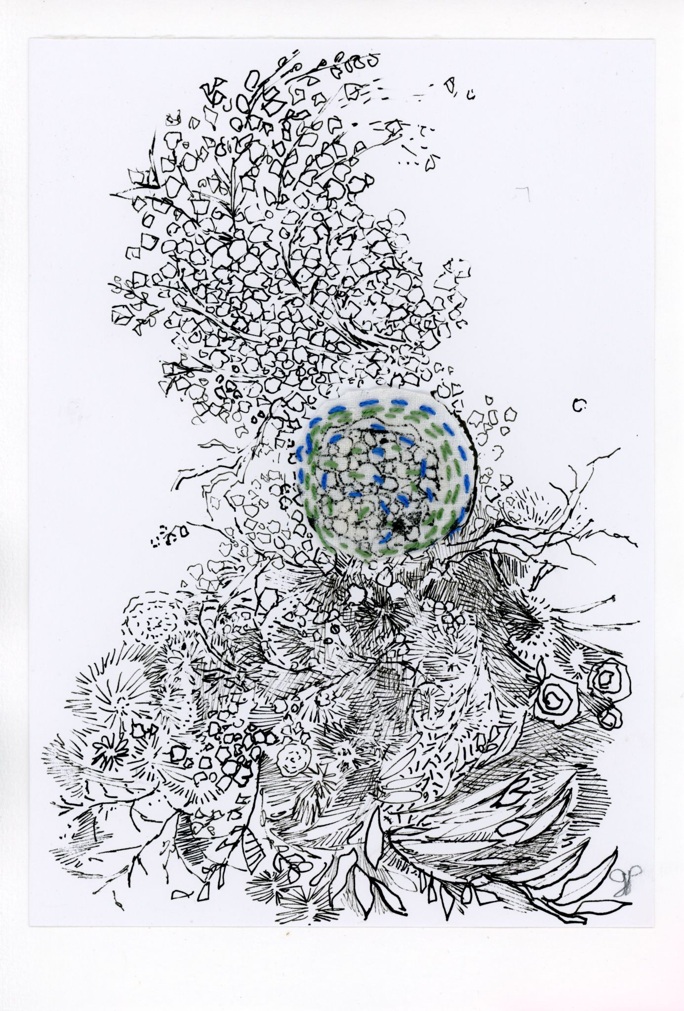 Gisèle Poncet, Tisser les souvenirs, encre, fil et tissu de coton sur papier, 2023, © G. Poncet