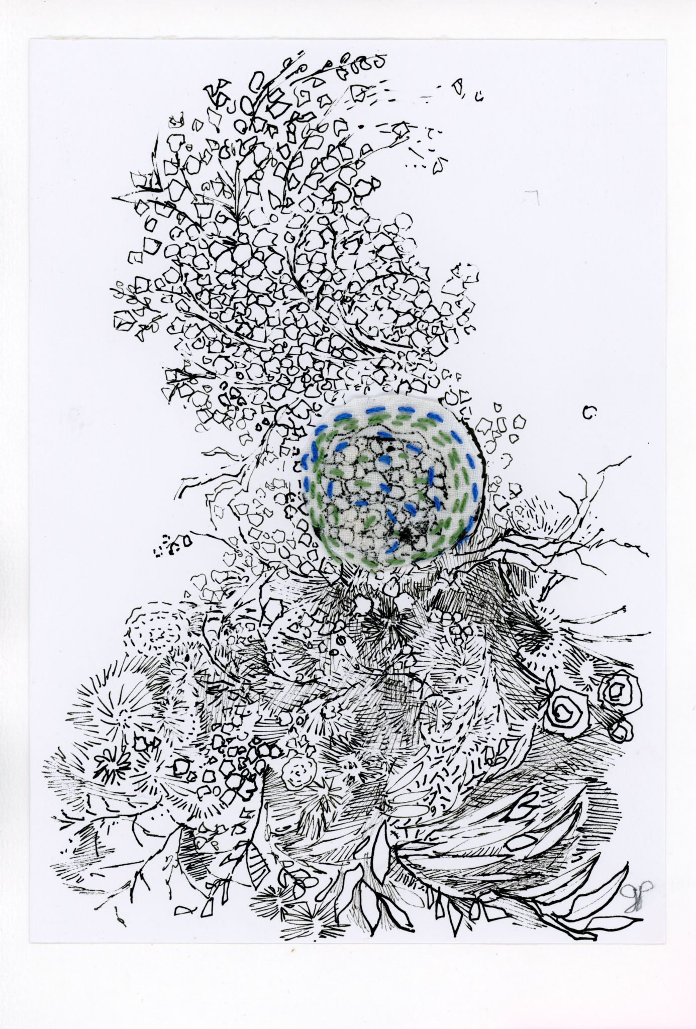 Gisèle Poncet, Tisser les souvenirs, encre, fil et tissu de coton sur papier, 2023, © G. Poncet Gisèle Poncet, Tisser les souvenirs, encre, fil et tissu de coton sur papier, 2023, © G. Poncet